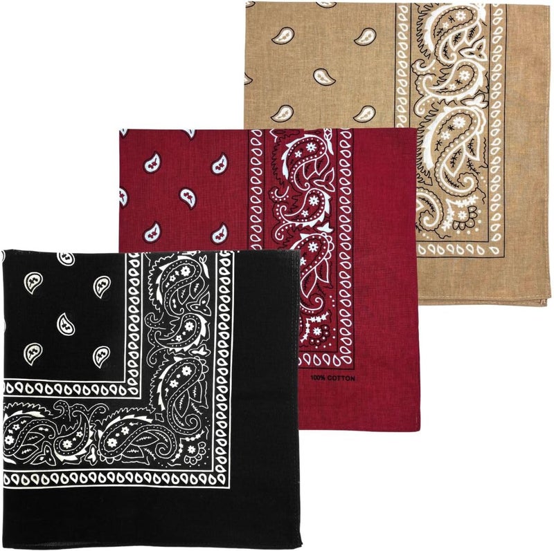 MD Style 3 PCS 100% Cotton Bandana for Men & Women 22" x 22" Paisely Pattern Handkerchief Headband Scarf - Image 1